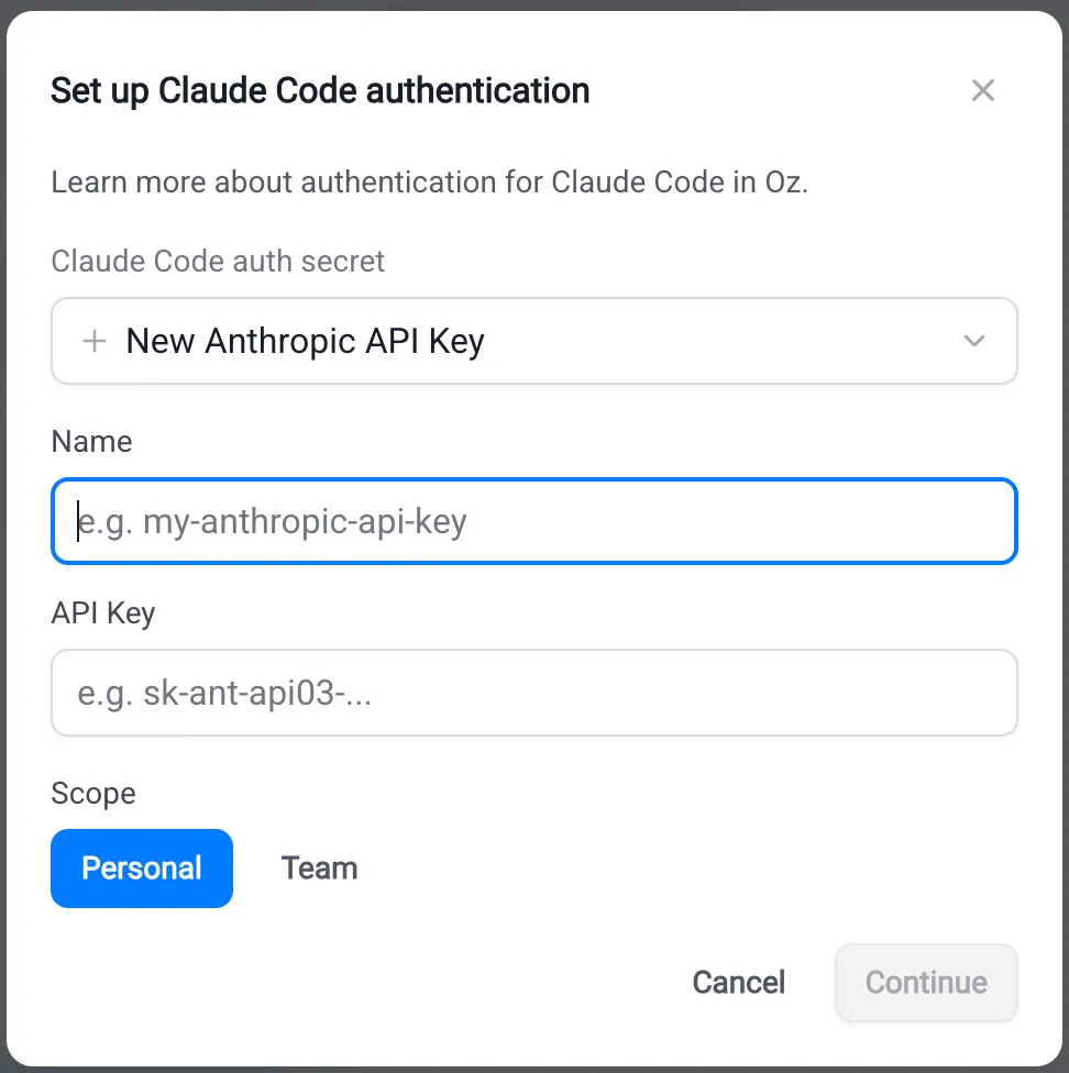 The Oz web app dialog for adding a new Claude Code auth secret.